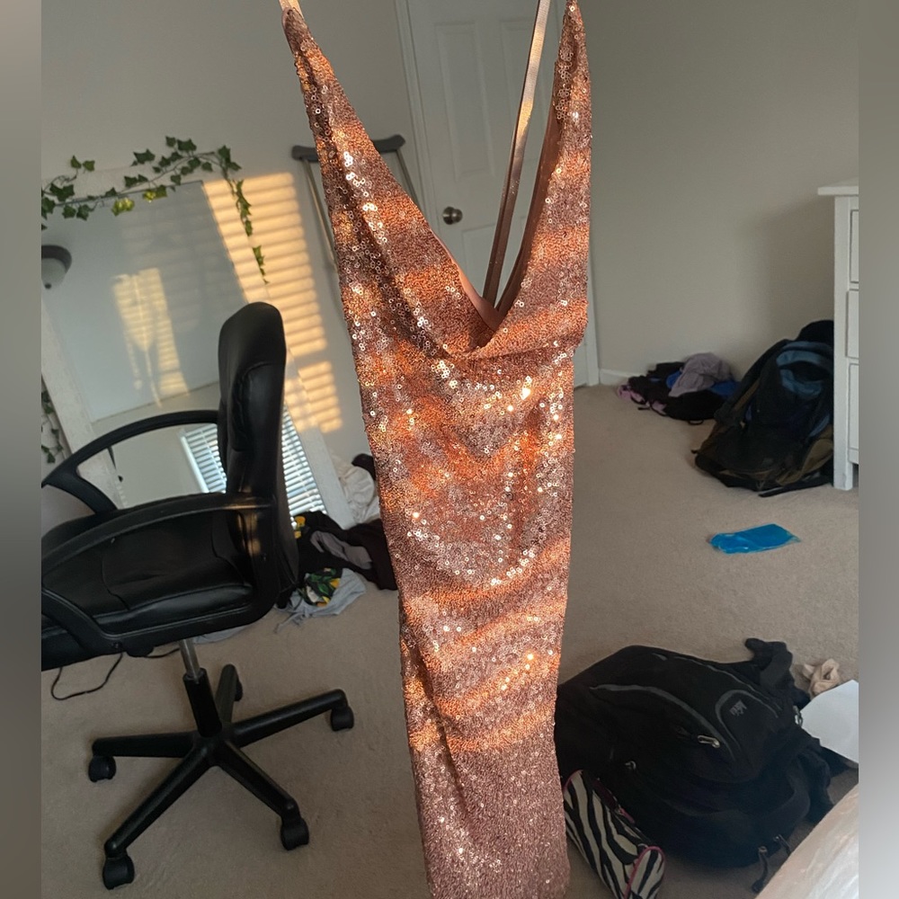 Sparkly sequin cowl neck dress • color: rose gold/light pink • size: medium